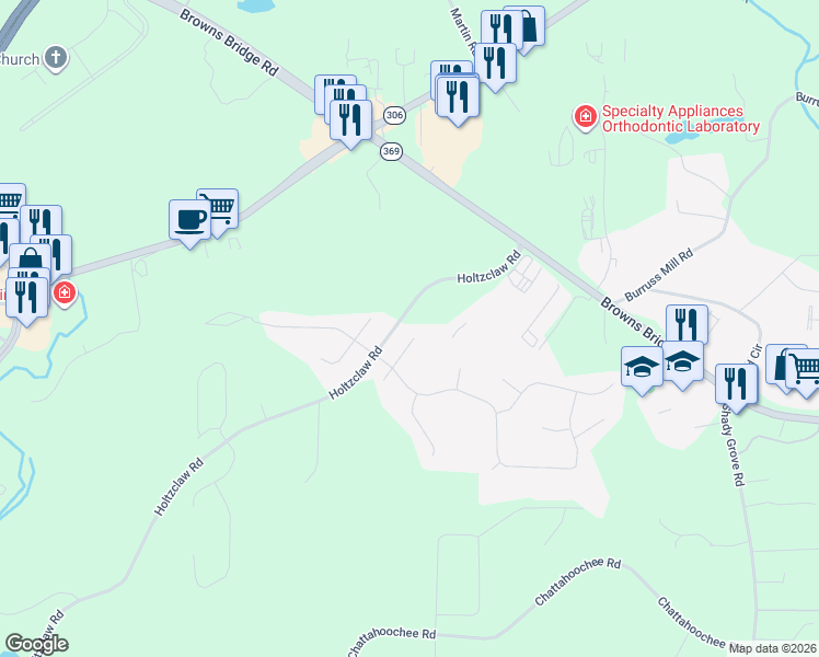 map of restaurants, bars, coffee shops, grocery stores, and more near 3745 Tree Shade Way in Cumming