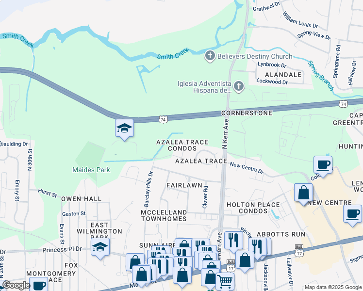 map of restaurants, bars, coffee shops, grocery stores, and more near 713 Indica Court in Wilmington
