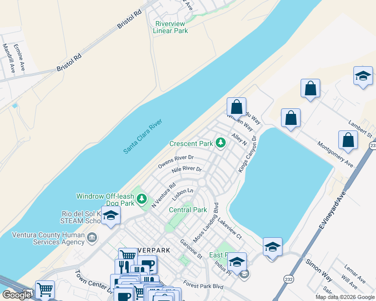 map of restaurants, bars, coffee shops, grocery stores, and more near 680 Owens River Drive in Oxnard