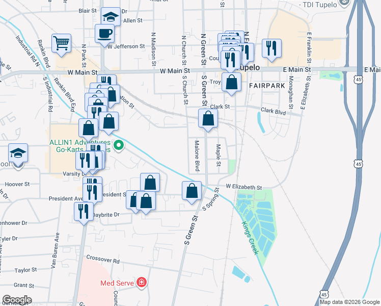 map of restaurants, bars, coffee shops, grocery stores, and more near 777-799 S Church St in Tupelo