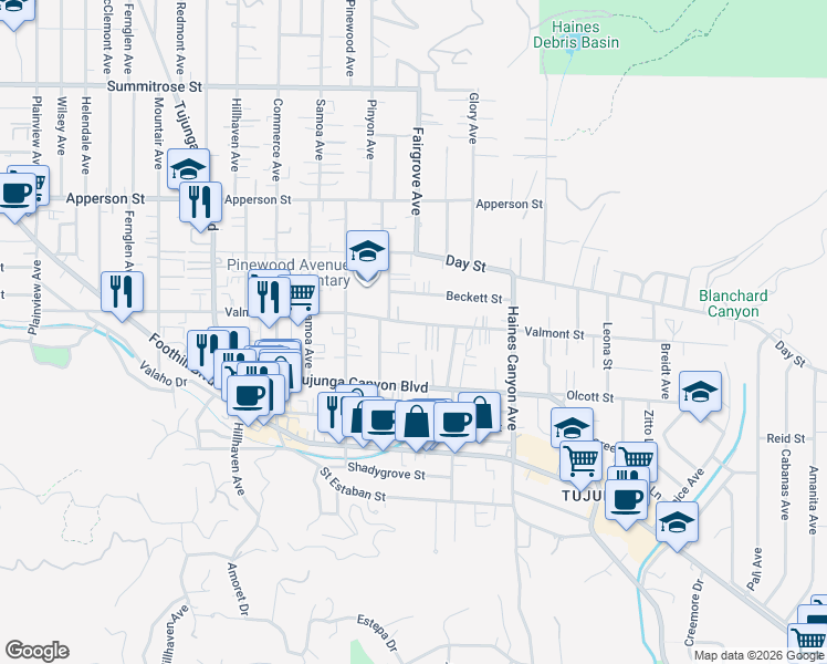 map of restaurants, bars, coffee shops, grocery stores, and more near 7006 Valmont Street in Los Angeles
