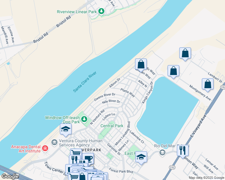 map of restaurants, bars, coffee shops, grocery stores, and more near 686 Platte Way in Oxnard