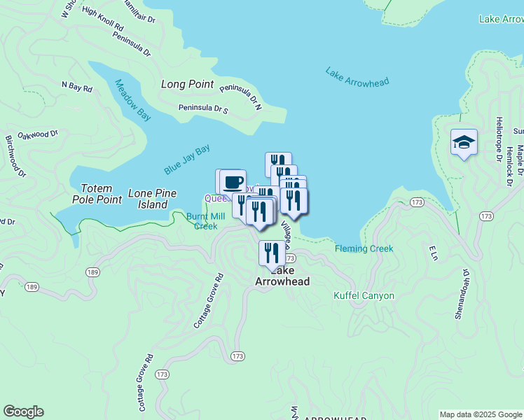 map of restaurants, bars, coffee shops, grocery stores, and more near in Lake Arrowhead