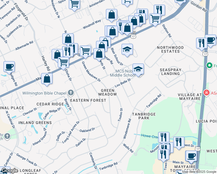 map of restaurants, bars, coffee shops, grocery stores, and more near 213 Green Meadows Drive in Wilmington
