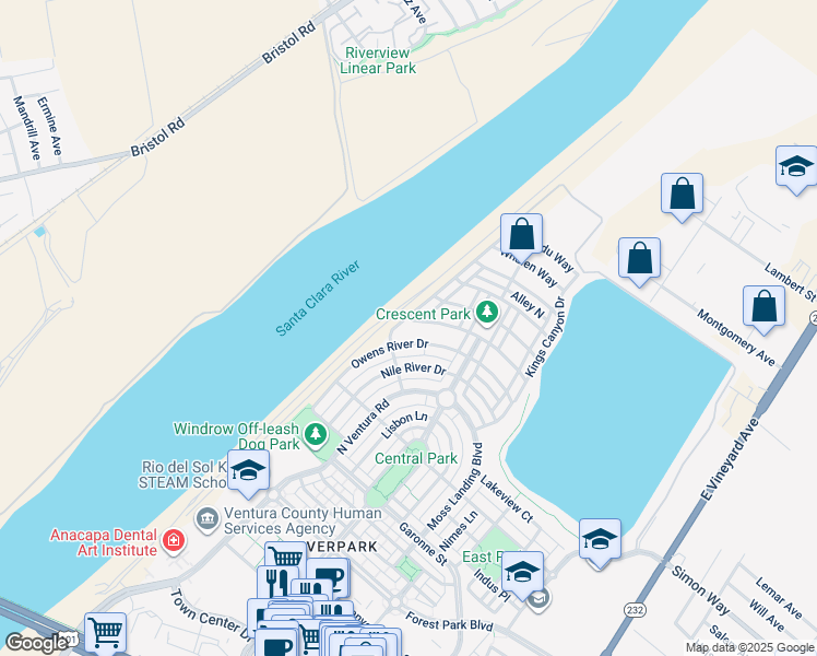 map of restaurants, bars, coffee shops, grocery stores, and more near 690 Platte Way in Oxnard