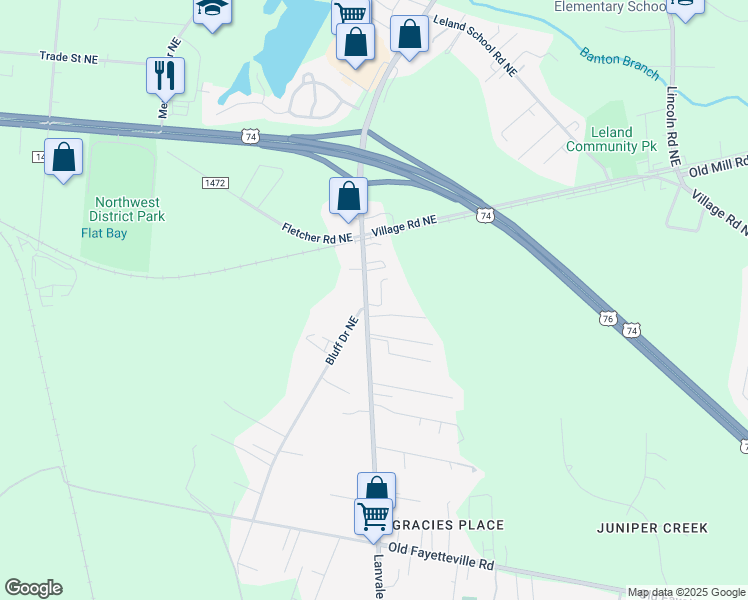 map of restaurants, bars, coffee shops, grocery stores, and more near 1588-1598 Lanvale Rd NE in Leland
