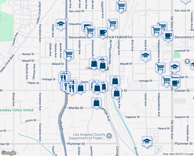 map of restaurants, bars, coffee shops, grocery stores, and more near 9960 Owensmouth Avenue in Los Angeles