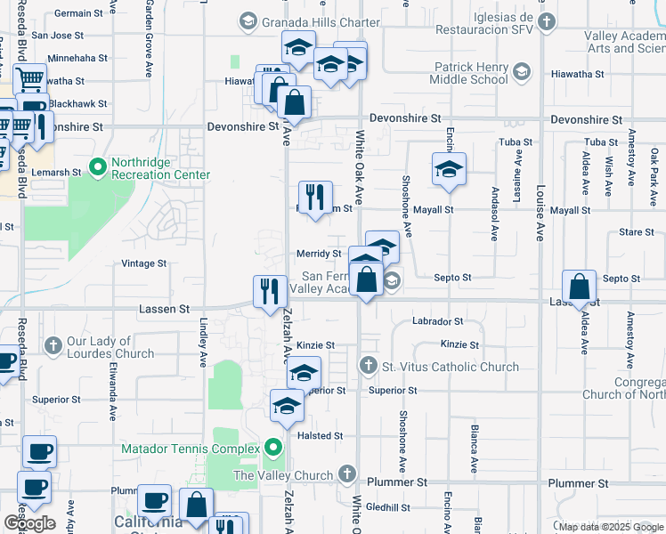 map of restaurants, bars, coffee shops, grocery stores, and more near 9907 White Oak Avenue in Los Angeles