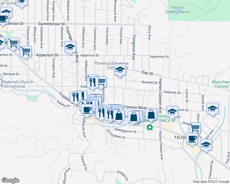 map of restaurants, bars, coffee shops, grocery stores, and more near 10038 Pinewood Avenue in Los Angeles