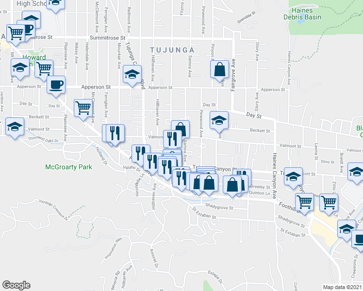 map of restaurants, bars, coffee shops, grocery stores, and more near 10117 West Amber Court in Los Angeles