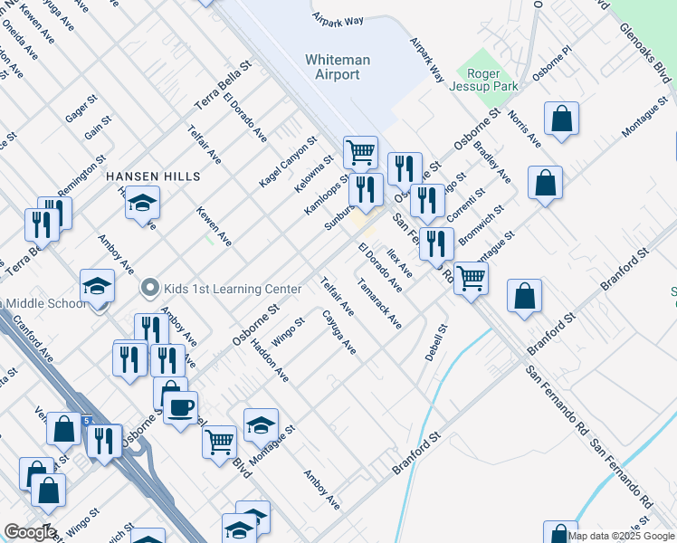 map of restaurants, bars, coffee shops, grocery stores, and more near 9944 Telfair Avenue in Los Angeles