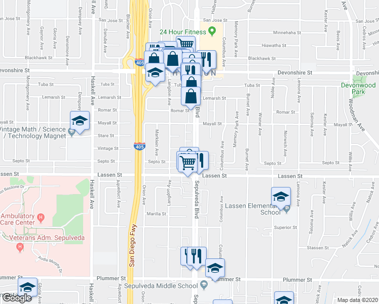 map of restaurants, bars, coffee shops, grocery stores, and more near 15429 Septo Street in Los Angeles