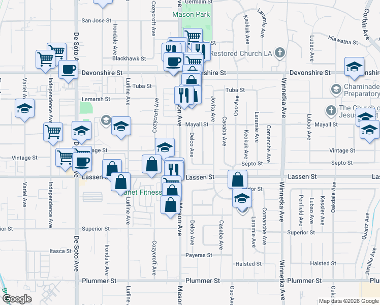 map of restaurants, bars, coffee shops, grocery stores, and more near 9932 Mason Avenue in Los Angeles