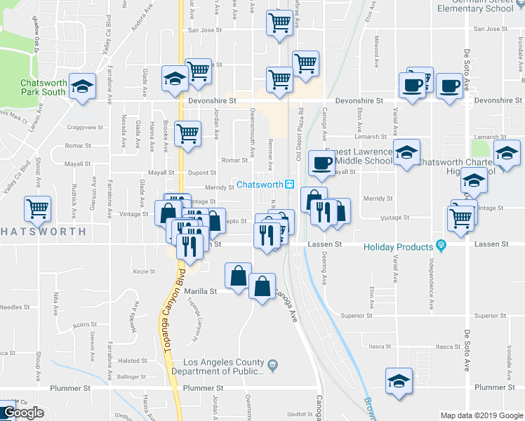 map of restaurants, bars, coffee shops, grocery stores, and more near 9940 North Remmet Avenue in Los Angeles