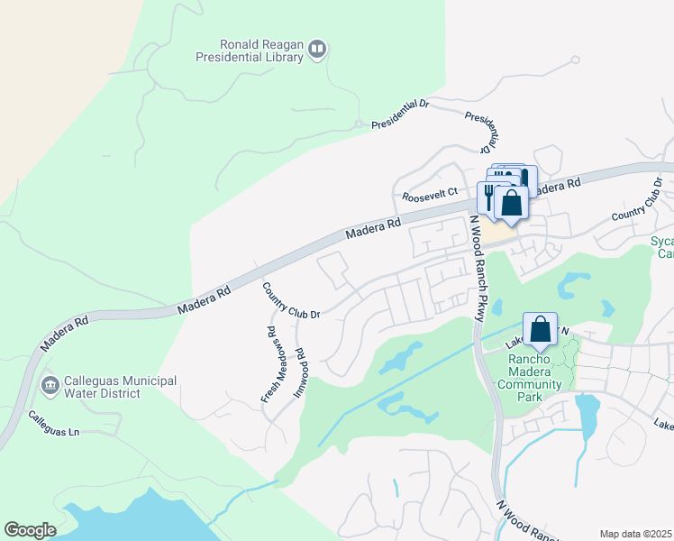 map of restaurants, bars, coffee shops, grocery stores, and more near 805 Country Club Drive in Simi Valley