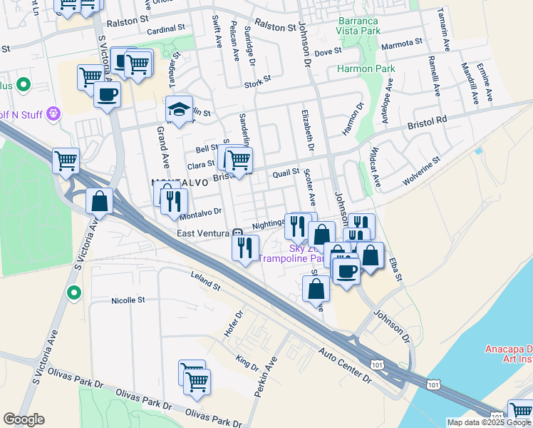 map of restaurants, bars, coffee shops, grocery stores, and more near 6393 Nightingale Street in Ventura