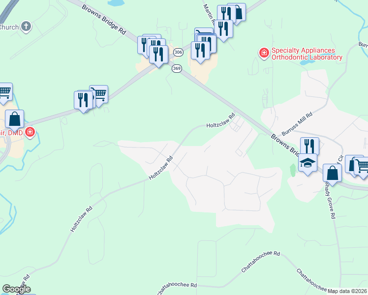 map of restaurants, bars, coffee shops, grocery stores, and more near 3745 Tree Shade Way in Cumming