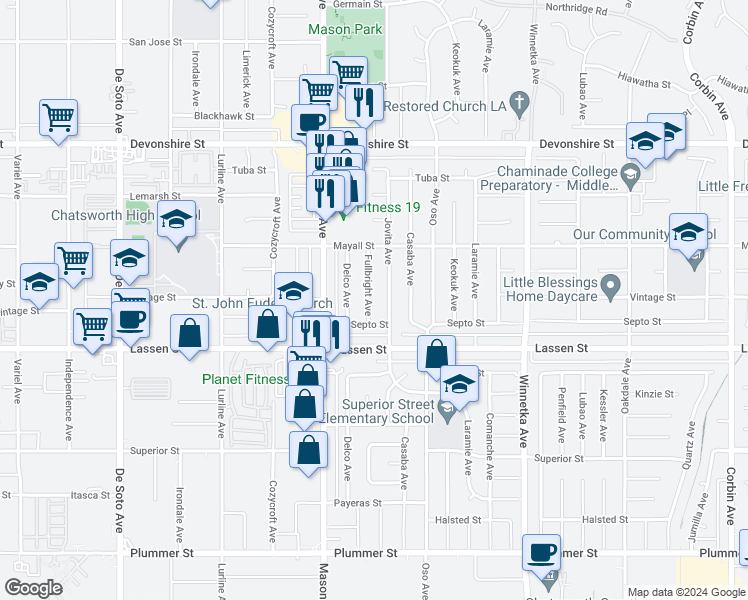 map of restaurants, bars, coffee shops, grocery stores, and more near 9956 Fullbright Avenue in Los Angeles