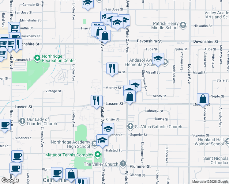 map of restaurants, bars, coffee shops, grocery stores, and more near 17810 Merridy Street in Los Angeles