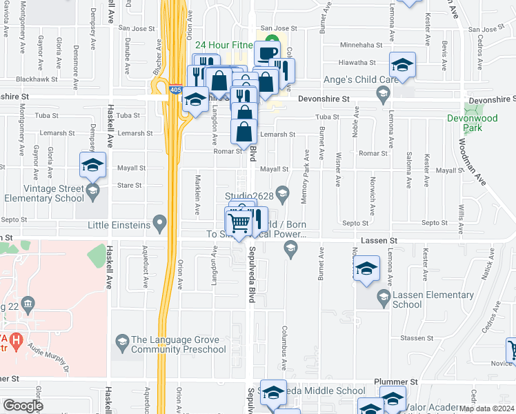 map of restaurants, bars, coffee shops, grocery stores, and more near 9952 Sepulveda Boulevard in Los Angeles