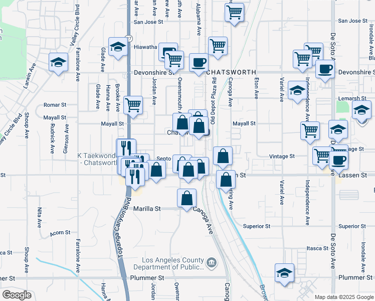 map of restaurants, bars, coffee shops, grocery stores, and more near 9960 Owensmouth Avenue in Los Angeles