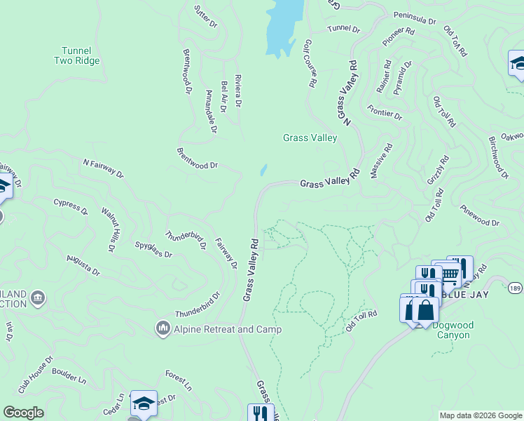 map of restaurants, bars, coffee shops, grocery stores, and more near 65 Grass Valley Road in Lake Arrowhead