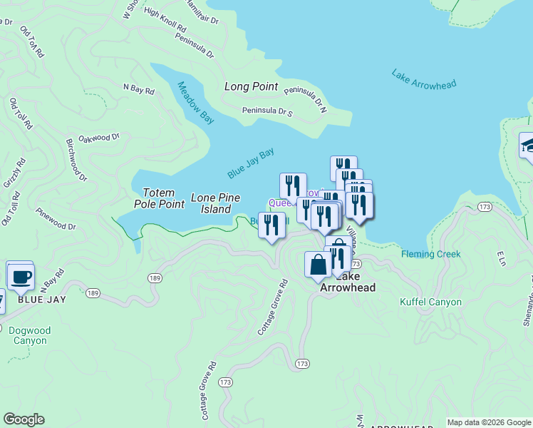 map of restaurants, bars, coffee shops, grocery stores, and more near in Lake Arrowhead