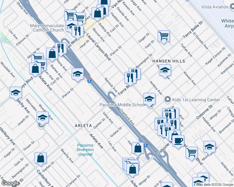 map of restaurants, bars, coffee shops, grocery stores, and more near 13533 Terra Bella Street in Los Angeles