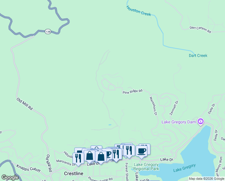 map of restaurants, bars, coffee shops, grocery stores, and more near 124 Pine Ridge Road in Crestline