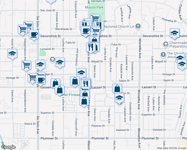 map of restaurants, bars, coffee shops, grocery stores, and more near 9932 Mason Avenue in Los Angeles