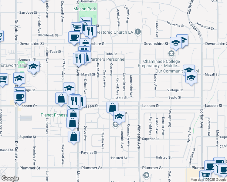 map of restaurants, bars, coffee shops, grocery stores, and more near 9958 Oso Avenue in Los Angeles