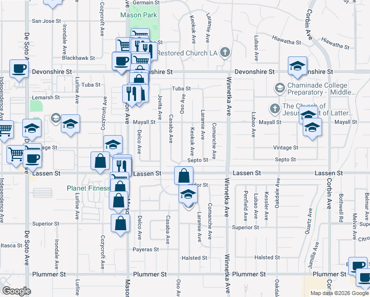 map of restaurants, bars, coffee shops, grocery stores, and more near 9958 Oso Avenue in Los Angeles