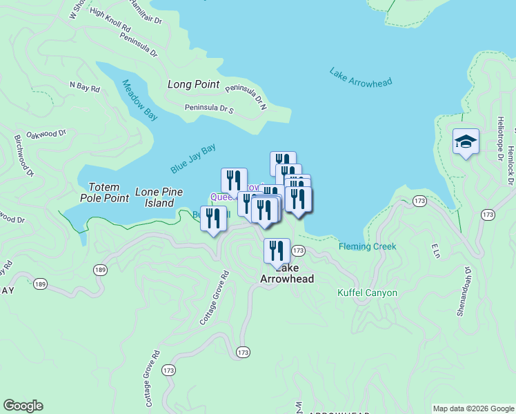 map of restaurants, bars, coffee shops, grocery stores, and more near in Lake Arrowhead