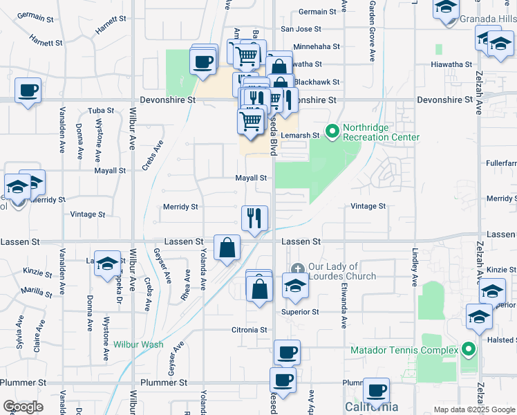 map of restaurants, bars, coffee shops, grocery stores, and more near 18518 Mayall Street in Los Angeles
