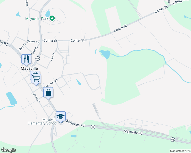 map of restaurants, bars, coffee shops, grocery stores, and more near 122 Meadowlark Way in Maysville