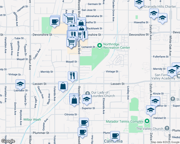 map of restaurants, bars, coffee shops, grocery stores, and more near 10022 Reseda Boulevard in Los Angeles