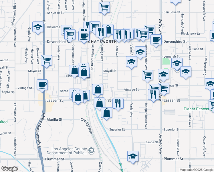 map of restaurants, bars, coffee shops, grocery stores, and more near 21308 Mayall Street in Los Angeles