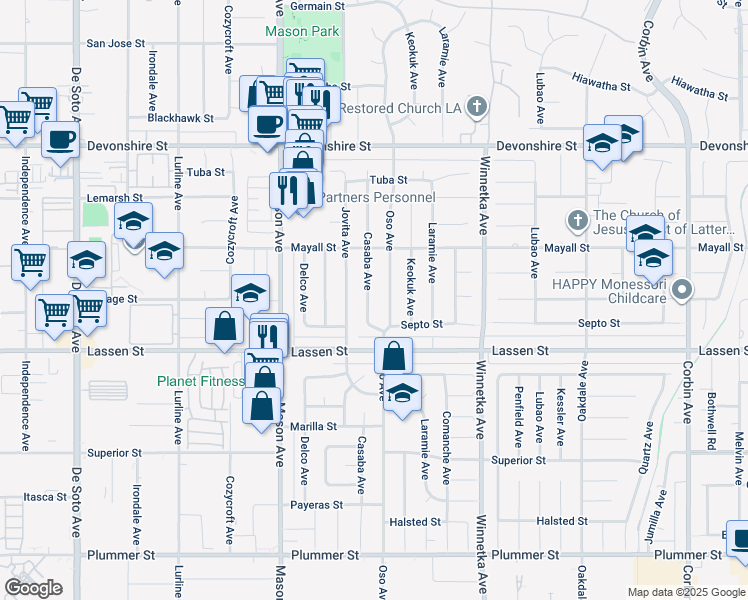 map of restaurants, bars, coffee shops, grocery stores, and more near 9960 Casaba Avenue in Los Angeles