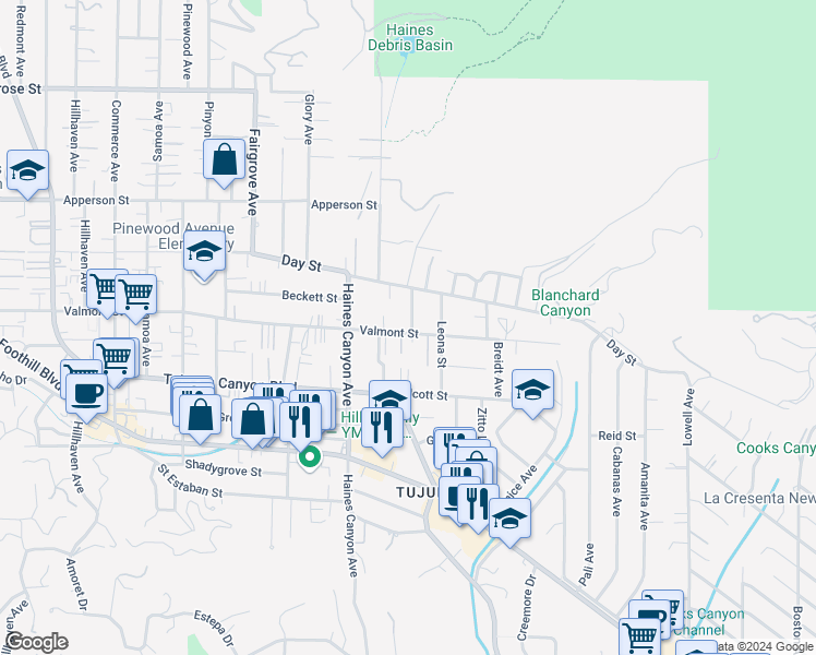 map of restaurants, bars, coffee shops, grocery stores, and more near 10105 Gish Avenue in Los Angeles