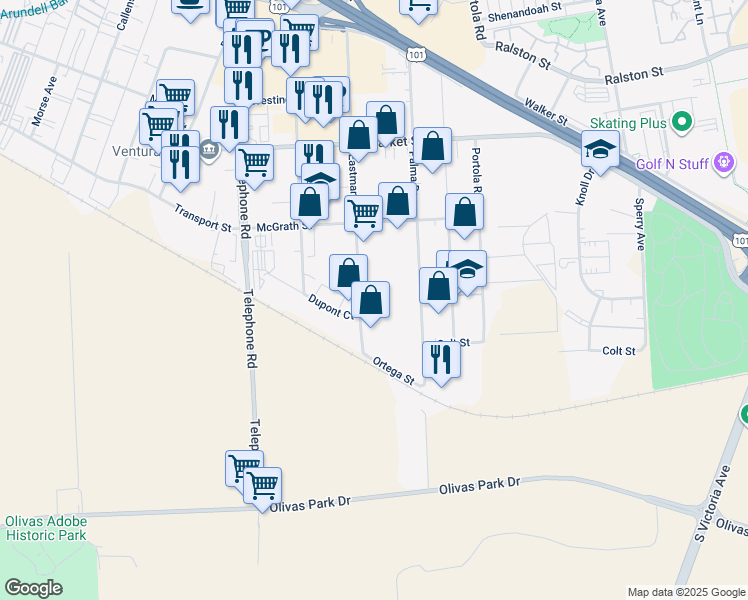 map of restaurants, bars, coffee shops, grocery stores, and more near 2368 Eastman Avenue in Ventura