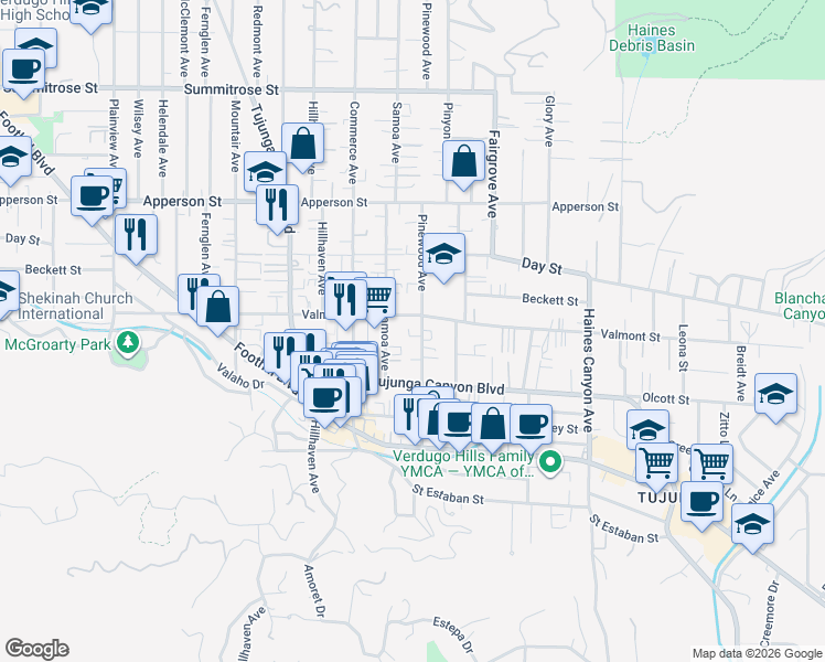 map of restaurants, bars, coffee shops, grocery stores, and more near 7133 Valmont Street in Los Angeles