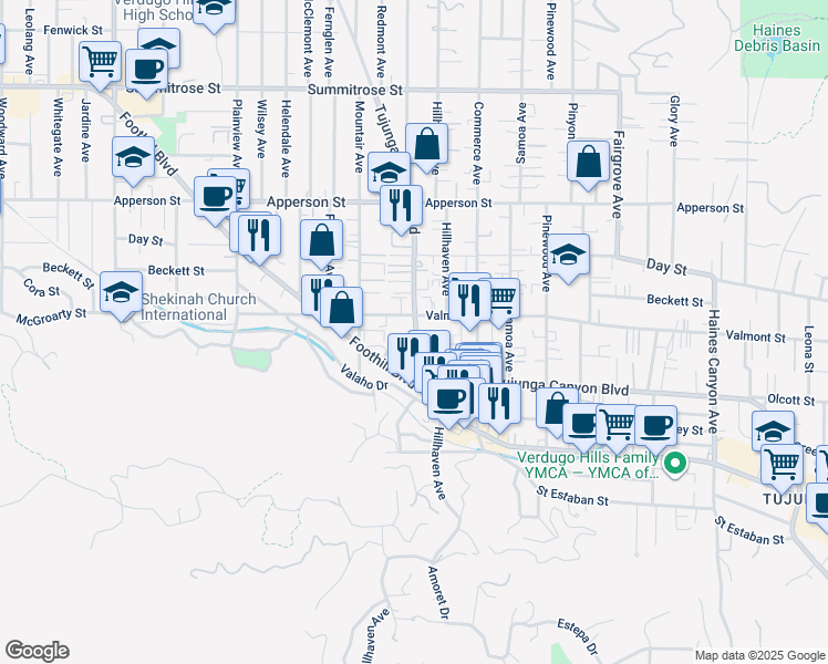 map of restaurants, bars, coffee shops, grocery stores, and more near 7307 Valmont Street in Los Angeles