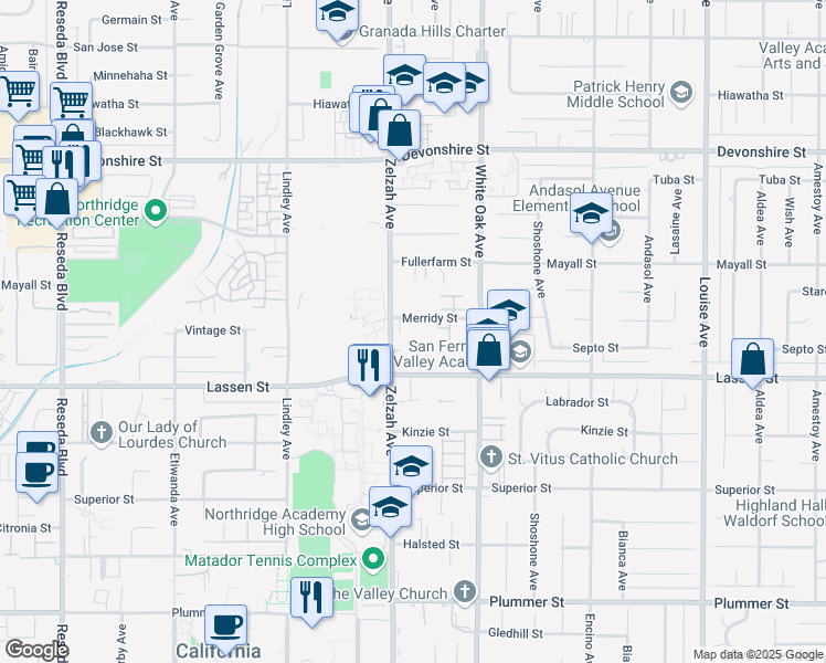map of restaurants, bars, coffee shops, grocery stores, and more near 17819 Merridy Street in Los Angeles