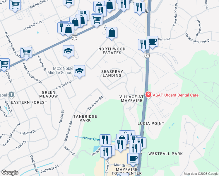 map of restaurants, bars, coffee shops, grocery stores, and more near 410 Painted Spindle Court in Wilmington
