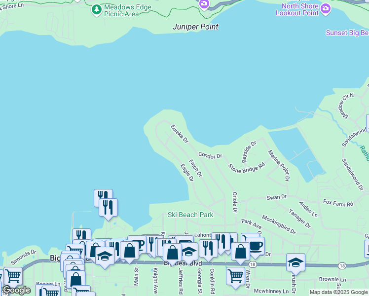 map of restaurants, bars, coffee shops, grocery stores, and more near 151 Finch Drive in Big Bear Lake