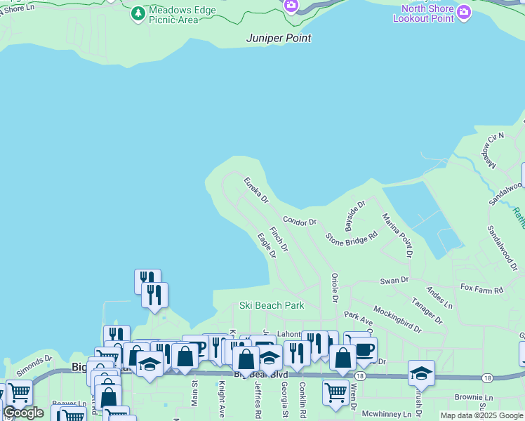 map of restaurants, bars, coffee shops, grocery stores, and more near 151 Finch Drive in Big Bear Lake