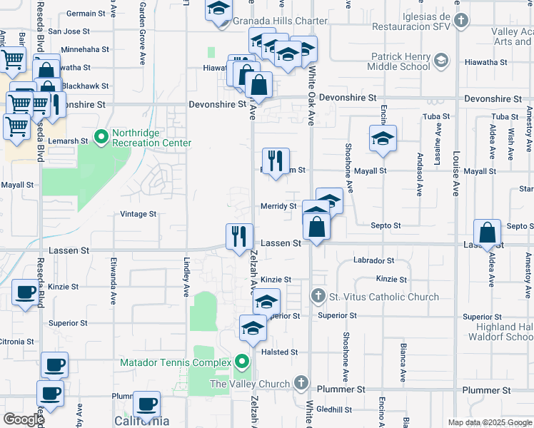 map of restaurants, bars, coffee shops, grocery stores, and more near 17830 Merridy Street in Los Angeles