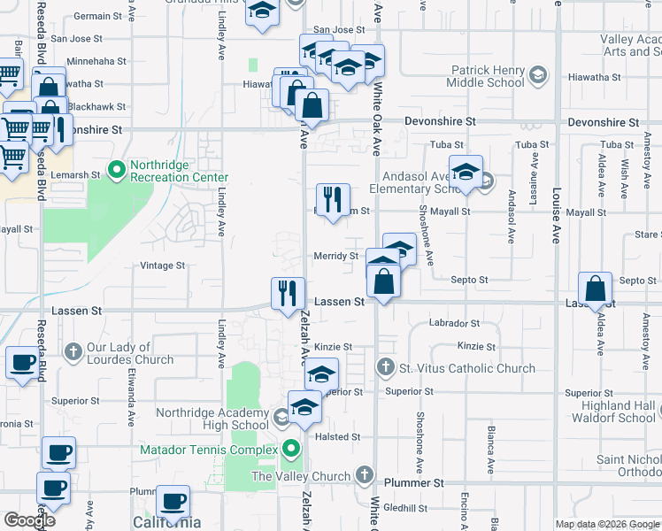 map of restaurants, bars, coffee shops, grocery stores, and more near 17819 Merridy Street in Los Angeles