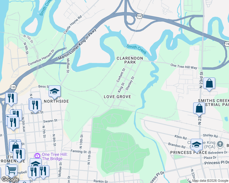 map of restaurants, bars, coffee shops, grocery stores, and more near 1315 Corbett St in Wilmington