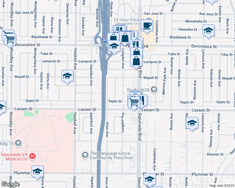map of restaurants, bars, coffee shops, grocery stores, and more near 9958 Marklein Avenue in Los Angeles